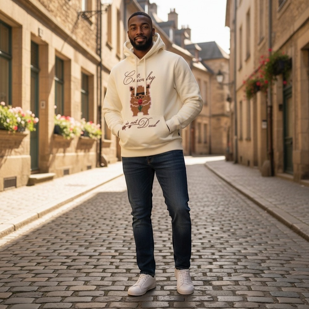 NWT Rebel‎ Minds Hoodie Mens Medium Cream Pixel Bear Chivalry Streetwear